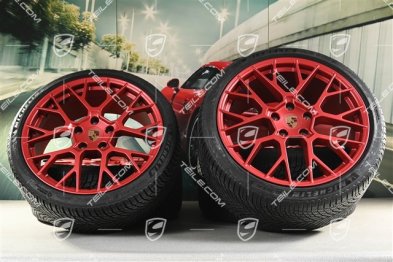 20"+21" RS Spyder Design, koła zimowe, komplet, felgi 8,5J x 20 ET50 + 11J x 21 ET82 + NOWE opony zimowe Michelin 245/35 R20 + 305/30 R21, z czujnikami ciśnienia, czerwone - Pyro Red