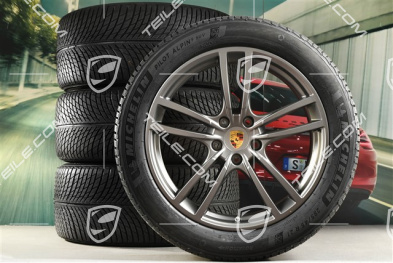 21" Cayenne Turbo Winterräder Satz, Felgen 9,5J x 21 ET46 + 11,0J x 21 ET58 + NEUE Michelin Winterreifen 285/45 R21 + 305/40 R21, mit RDK-Sensoren, in Platinum Seidenmatt