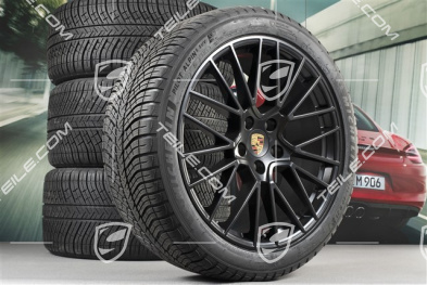 21" koła zimowe Cayenne COUPÉ RS Spyder, komplet, felgi 9,5J x 21 ET46 + 11,0J x 21 ET49 + NOWE opony zimowe Michelin 275/40 R21 + 305/35 R21, z czujnikami ciśnienia, czarny satynowy półmat