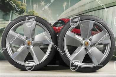 21" koła letnie Exclusive Design, komplet, felgi 9,5J x 21 ET60 + 11,5J x 21 ET66 + NOWE opony letnie Goodyear 265/35 R21 + 305/30 R21, srebrne