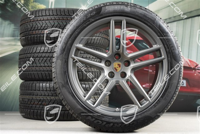 20" "Macan Turbo" koła zimowe, komplet, felgi 9J x 20 ET26 + 10J x 20 ET19 + NOWE opony zimowe Pirelli 265/45 R20 + 295/40 R20, Platinum satynowy mat, z czujnikami ciśnienia RDK