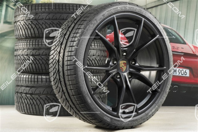 20" Carrera S koła zimowe, komplet do Cayman GT4 / Boxster Spyder, felgi 8J x 20 ET57 + 10J x 20 ET45 + NOWE opony zimowe Michelin 235/35 R20 + 275/30 R20, czarne (satynowy półmat), z czujnikami ciśnienia
